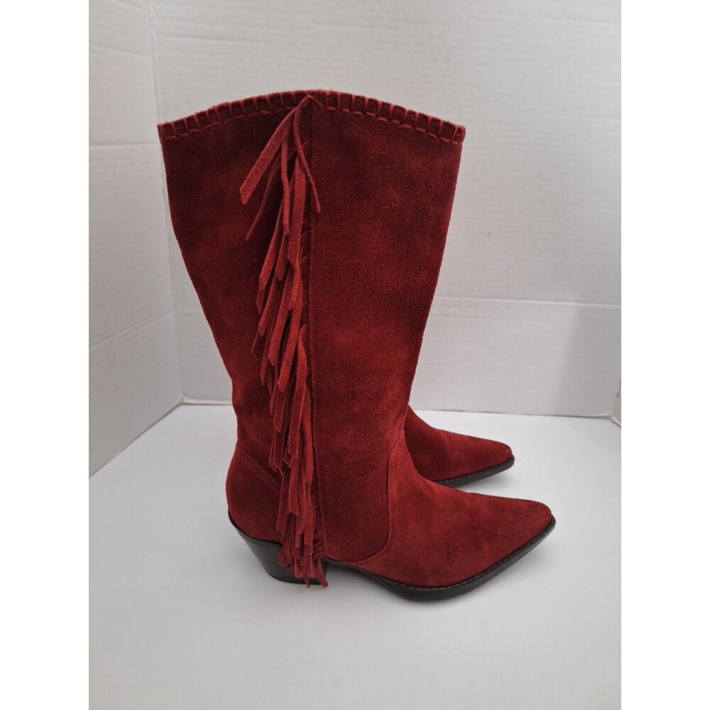 Reba Red Suede Fringe Western Boots Womens Sz 7 Mid Calf Cowgirl Hippie Boho